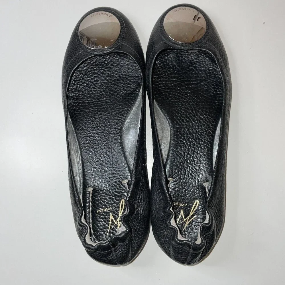 J VINCENT REFLECTION Ballet Flats Medallion Silver Leather Sz 6.5 Black Pebbled